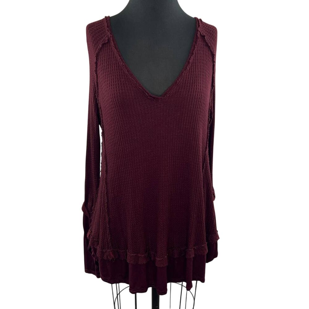 FREE PEOPLE We the Free Burgundy Purple Laguna Waffle Knit V-Neck Thermal Top S